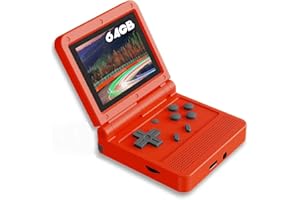 FSJUN Retro Handheld console, 3-inch IPS screen, Mini foldable Open source System, Built-in Rechargeable battery, Arcade console（64G，Red)