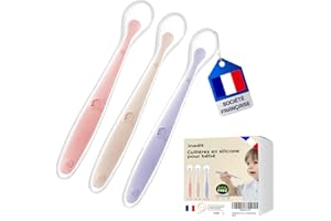 NEDIT Cuillere Bebe 1er Age (3 Pièces) - Cuillère Bébé en Silicone - Cuillère Incurvée Souple Pour Les Repas de Bébé de Plus de 1 Mois - Qualité Garantie (Rose/Violet/Rose clair)