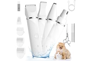 CARASTEK 4 in 1 Leise Hundeschermaschine Katzenrasierer Komplett-Set, Wiederaufladbar Hund Katze Schermaschine IPX7 Wasserdicht Tierhaarschneidemaschine Elektrische Hundetrimmer für Pfoten Augen Ohren Gesicht