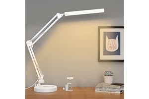 SKYLEO Lampara Escritorio LED - Flexo LED Escritorio Potente con clip y base - Protección ocular Lampara LED Escritorio - 3 modos de luz X 10 niveles de brillo - Blanco