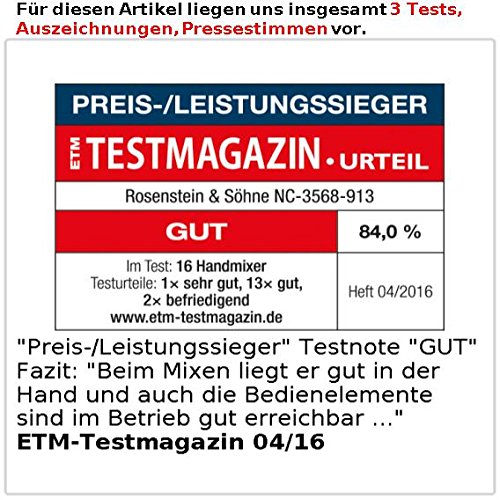 Rosenstein & Söhne Elektrischer Handrührer, 300 Watt, 5 Geschwindigkeiten, Turbo, 4 Haken - 4