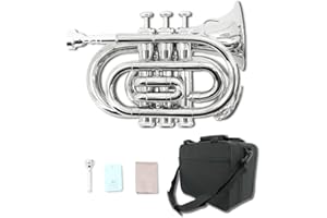 WUQIMUSC Trompeta de bolsillo de latón chapado en níquel con boquilla 7C, kit de limpieza, funda de transporte, guantes para principiantes/estudiantes (plata)