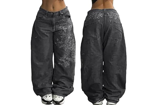 Cargo jeans kvinnor säckiga, damer stretchjeans, mode tryckta denimbyxor, casual Y2K goth street tunna byxor baggy vintage vida ben byxa med fickor retro tvättade utsvängda byxor
