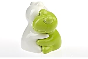 by-Bers Frosch Umarmung, auch als Kuh, Maus, Tiere, Elefant Salzstreuer, Salz- und Pfefferstreuer Set als Geschenk, aus Keramik (S+P_Frosch_hellgruen-weiss)