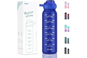 SLUXKE 1 litre Gourde Isotherme avec Handle, 18/10 INOX Bouteille 1000ml avec Marquage De Temps sans BPA, pour Sport, Voyages, L'école, Bureau, Maison BLUE