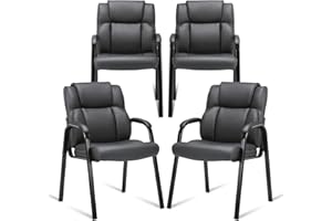CLATINA Leather Guest Waiting Reception Chair with Padded Arm Rest and Thick Seat Cushion Comfy Stationary Desk Chairs for Office Home Conference Meeting Lobby Hall Side Break Room, Black, 4 Pack
