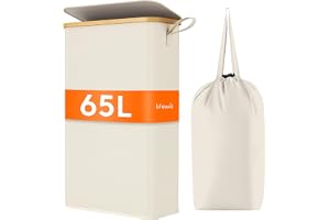 Lifewit 65 liter tunn tvättkorg med lock, smal tvättkorg med avtagbar väska och bambuhandtag, hopfällbar tunn tvättkorg för s