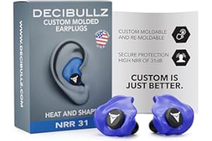 Decibullz | Bouchons d'oreilles moulés sur-mesure Bleu, Protections auditives confortables, Atténuation 31dB | Sommeil, Concert, Travail, Sport | 3 tailles, pochette de rangement | made in USA