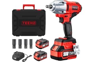 TEENO 20V Brushless Lithium-Ion Impact Wrench 4.0Ah Batteries, Charger, 1/2 Inch, 600N.m(Two Batteries)
