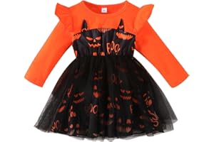 PythJooh Baby Girl Halloween Dress Toddler Kid Long Sleeve Halloween Pumpkin Floral Tulle Dress for 0-4Years