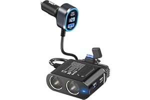 PD65W KFZ Verteiler auf Laptop: 200W Auto Zigarettenanzünder Adapter 12V Dual USB C Ladegerät 2 Mehrfach Steckdose 12 Volt DC Stecker Splitter mit LED Voltmeter für iPhone Sitzheizung GPS Kamera Navi