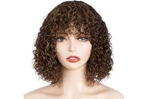 FASHION IDOL Short Curly Human-Hair Wigs with Bangs 10 Inch Jerry Curl Bob Wigs Human Hair Brazilian Virgin Human Hair None Lace Front Wigs for Black Women Machine Made Wigs