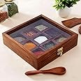 THEHEARTWILL® Sheesham Wood Spice Box with 2 Spoons – 9 Compartments Masala Box/Masala Dabba/Masala Container/Masala Dabba Organizer for Kitchen | Decorative Handmade Wooden Storage Box (Brown).