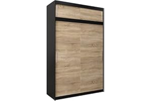 ‎MEBLE KRYSPOL MEBLE KRYSPOL Tokyo 150 Kleiderschrank mit zwei Schiebetüren für Schlafzimmer – moderner Aufbewahrungsschrank mit Kleiderstange und Regalen – 150x240x62cm - Mattschwarz + Sonoma mit Verlängerung