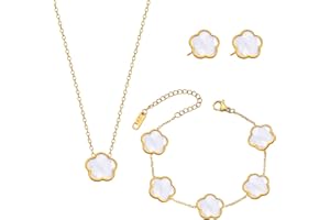 GWAWG Ensemble de Bijoux Trèfle à Quatre Feuilles Femme, Collier, Bracelet, Boucles d’Oreilles en Acier Inoxydable Or Rose 18K, Cadeau Élégant et Porte-Bonheur Anniversaire, Saint-Valentin