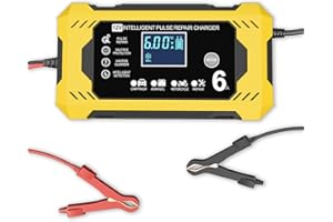 VEMFAY Chargeur de Batterie Voiture, Chargeur Batterie 12v 6A Intelligent Chargeur Batterie Moto avec Écran LCD Chargeurs de Batterie pour Auto Voiture Moto Camion, AGM, Gel, Wet, SLA（Jaune）