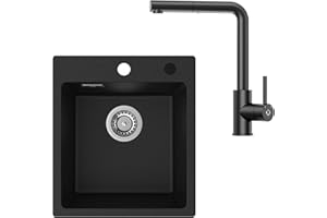 CECIPA Evier en granit avec robinet cuisine douchette, Evier noir 40x45cm, Evier cuisine 1 bac, Evier cuisine moderne, Evier cuisine, Evier cuisine petit modèle, 1 cuve