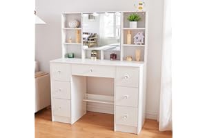 Aovquof Dressing Table, 140×100×40cm Vanity Table with LED Lighting Mirror, Makeup Desk with 3 Light Colors, Adjustable Brightness, 7 Drawers (Crystal Knob)