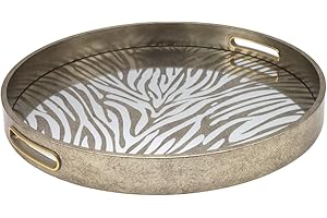 MAISON DES CADEAUX Silver Round Zebra Print Decorative Coffee Table Vanity Tray, Dressing Table Top Storage