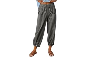 ASKSA Damen 7/8 Länge Hose Weitem Bein Freizeithose Leicht Sommerhose Lose Casual Leinenhose mit Taschen