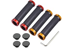 Aiqeer 2 Pairs Bike Handlebar Grips, Anti-Slip Rubber Bicycle Handle Grips with Aluminum Double Lock, Bike Handle Protector for MTB BMX (Red + Golden)