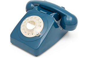 GPO 746 Téléphone fixe rétro de style années 1970 à cadran rotatif - Cordon extansible, sonnerie authentique - Bleu Azure