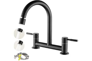 Ankoory Bridge Kitchen Sink Mixer Tap, Kitchen Bridge Tap, 2 Hole Tap Deck Mounted (180mm Centres), Dual Lever Kitchen Faucet with 2 Function Aerator, 1/4 Turn, 360° Swivel Spout, Brass, Matte Black
