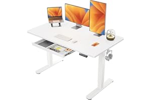 ErGear Mesa Escritorio Elevable 140 x 80 cm, Escritorio Elevable con 4 Memorias Inteligentes & Cajones, Diseño en T para Mayor Estabilidad, Tablero de Mesa con Ensamblaje, Marco y Superficie Blancos