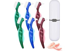 FANSEZQ Pack of 6 Hard Denture Brush, Pack of 6 Brush for Prostheses Denture Toothbrush Double-Sided Toothbrush Portable Ergonomic Toothbrush, with White Carry Case for Cleaning False Teeth, 3 Assorted Colour