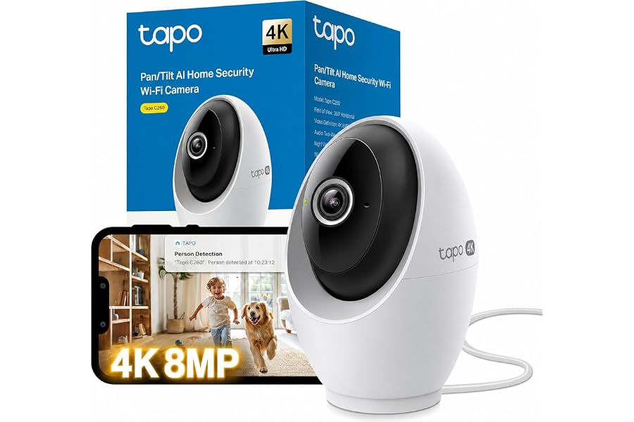 Tapo C260 4K 8MP Überwachungskamera Innen 360°, Lokale KI-Erkennung, Physischer Privatsphärenmodus, 18-Facher Digitalzoo