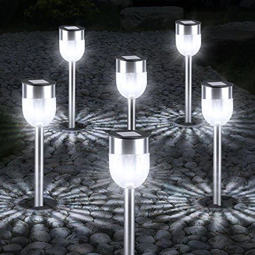 oneConcept • Tulipan • Außenleuchten • Solarleuchten Garten • Wegeleuchten • LED • 6er Set • Tulpenform • Stecklampen • geeignet für alle Außenanlagen • spritzwassergeschützt nach IP44 • Solar-Akku-Betrieb • gebürsteter Edelstahl • Erdspieß • schwarz-silber - 6