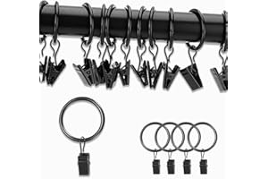 Plstod Anelli Tenda, 30 Pezzi Anelli per Tende con Clips, Fermagli per Tende, 32mm MetalloTendaggi Anello Ganci Clips con Occhielli, Clip per Tende per Tende e Anello per Tende da Doccia (Nero)