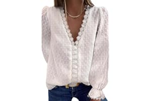 Coloody Femme Tee Shirt en Dentelle Col en V, Manches Courtes Loisirs D'été Tunique Jacquard Blouse Amples Caraco Tops Chemisiers à La Mode