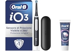 Oral-B Spazzolino Elettrico Ricaricabile iO 3 Nero, 1 Spazzolino Elettrico, 1 Testina Di Ricambio, Custodia Da Viaggio + Dentifricio Oral-B Advanced Protezione Sensibilità, Pulizia Denti