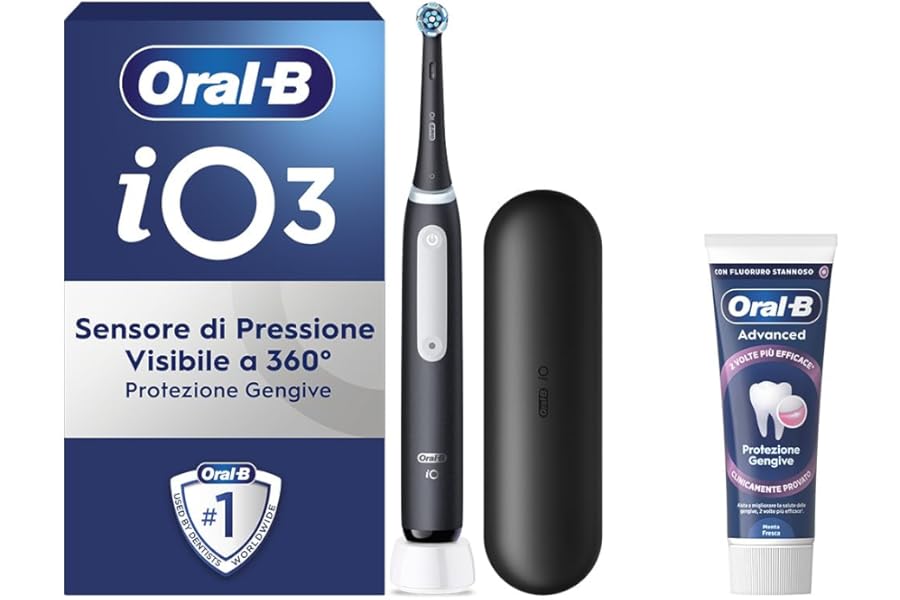 Oral-B Rechargeable Electric Toothbrush iO 3 Black, 1 Electric Toothbrush, 1 Replacement Head, Travel Case + Oral-B Advanced Gum Protection, Effective Teeth Cleaning