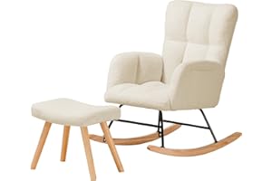 COMHOMA Schaukelstuhl mit hocker, Relaxsessel mit Armlehnen, Ohrensessel aus Teddy-Plüsch Schaukelsessel, bis 150 kg belastbar, sonnenliege gartenliege für Schlafzimmer, Wohnzimmer, beige