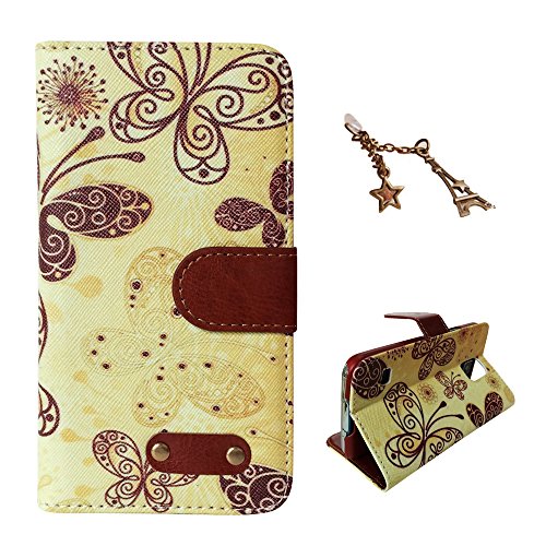 Uming Retro Imprimer cas PU pour Nokia Lumia 930 N930 Remarque Style Book Matériel Tissu Hit couleur couture Nails punaise Coudre flip étui avec bouton magnétique stand Stander Titulaire main libre carte de crédit fente Wallet Magnet Moraillon Boucle Shell de protection Mobile Cell Phone Case Housse + 1 x Anti Branchez la poussière - papillon jaune