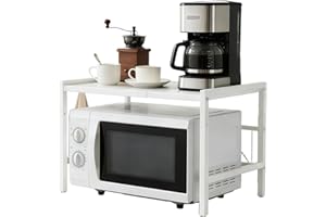 Brstheco Mikrowellen Regal 2-Stufig Stahl Stehendes Küchenregal Verstellbar Erweiterbares Platzsparendes Mikrowellenregal mit 6 Haken für Arbeitsplatte Küche, Weiß