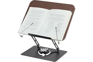 Comfoyar Atril para Libros Regulable para Lectura, Soporte Libros Plegable con Base Giratoria 360° y Clip Elástico Página, Soporte Libro de Cocina de Madera para Receta Tableta Portátil Oficina