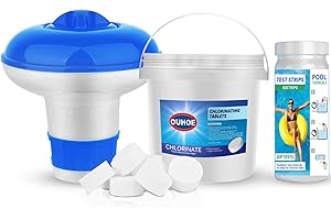 BILIVRY Chlor granulat do whirpool 220g z pływającym dozownikiem + paski testowe do basenu: zestaw do czyszczenia wody basenowej do basenów, basenów, brodzików, wanien SPA