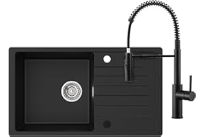 CECIPA Evier Cuisine 1 Bac avec Egouttoir 78 x 45 cm, Evier Noir en Granit avec Robinet Cuisine Douchette, Lavabo Cuisine 1 bac, Évier Cuisine avec Siphon Classique et Trop-plein