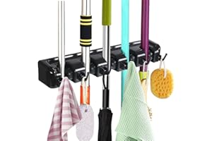 Vicloon Uchwyt na miotłę ścienną, Wielofunkcyjny uchwyt ścienny, 5 miejsc i 6 haczyków Uchwyt na wieszak do kuchni, garażu, pralni do kuchni, łazienki, garażu i ogrodu (czarny)