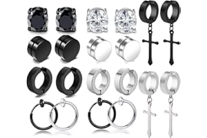 VELESAY 10Paires Acier Inoxydable Boucle D'oreilles Magnétique Fausse Creole Boucle D'oreilles Homme CZ Noir Set Clip Boucle D'oreilles Créoles Plume Non-Piercing Zircon