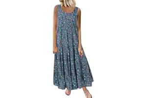 AMhomely Summer Dresses for Women Plus Size Casual Loose Sleeveless Floral Daily Linen Print Long Maxi Dress Loose Dress Summer Beach Dress Loose T Shirt Dress Beach Vacation Boho Flowy Long Sundress