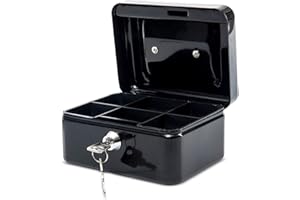 MAUL caja fuerte de acero 15.2 x 11.5 x 8 cm | Caja caudales con cerradura | Bandeja extraíble para monedas | Caja con 2 llaves | Caja registradora robusta con asa | Negro