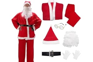 CARNAVALIFE Disfraz de Papá Noel para Adulto Unisex, Chaqueta, Pantalones, Barba, Gafas, Gorro, Cinturón y Guantes, Disfraz Original para Navidad, 7pcs