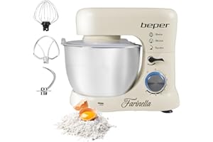 BEPER BP.200 Impastatrice Planetaria professionale 4,5L, Potenza 1000W, 8 Velocità e Funzione Pulse - Frusta, Paraschizzi e Gancio Inclusi, Bianco