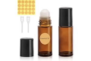 SONEER 30ML Roll on Glasflaschen für Ätherisches Öl, 2 Stück Roll on Flasche Leer, Nachfüllbare Rollon Flaschen mit Strohhalm, Etiketten für Aromatherapie, Parfüm, Massage (Braun)