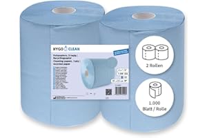 Franz Mensch HygoClean Putzpapiere, 3-lagig, blau | Recyclingpapier, 2 Rollen, 1000 Abrisse, L: 35cm B: 22cm, Kerndurchmesser 7cm, Reinigungstücher, nachhaltige Wischtücher