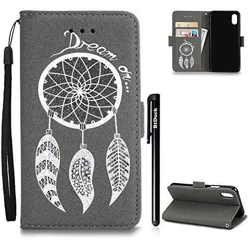 BtDuck Cover per iPhone X,Glitter Luccichio Modello Ultra Slim Cover Portafoglio Stile Semplice Flip Magnetica Custodia Pelle per iPhone X Morbido Silicone Back Cover Bookstyle Borsa e Portafoglio Tasca Progettato Bumper Case Flip Cover Wallet Case Regalo per Donna Ragazza Ragazzo Mamma Padre Uomo Regali di Natale Protezione Silicio Case + 1x Nero Stylus Penna - Grigio libro